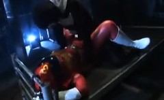 Nubile power ranger in a skintight orange suit takes a roug
