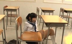 Pretty asian schoolgirl shows hairy pussy and rides schlong