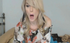 Huge Blonde Tranny Breast Jerking her Cock