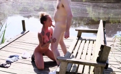 Busty Femdom Tugging Guy Outdoors For Spunk