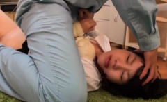 Japanese playgirl gets her hairless pussy gangbanged hard