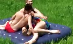 shameless FFM trio in public nudist park