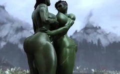 Two muscular curvy orc sisters and their sex in the rain