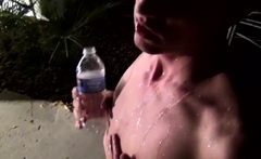 18yo deviant Riley Michaels drinks piss outdoors before wank