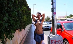 Russian exhibitionist mom flashing shaved pussy in Spain -