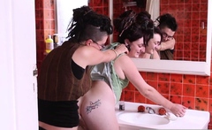 Hairy lesbian hippies pleasure each other in the bathroom