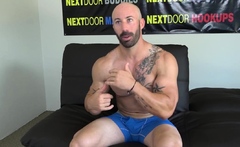 Muscled solo jock wanks cock on casting