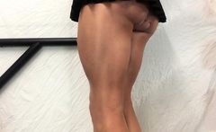 Tan Thighs, Cock In Black Mini Skirt .